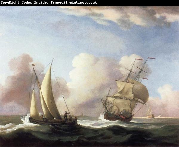 Monamy, Peter A Small Sailing boat and a merchantman at sea in a rising Wind